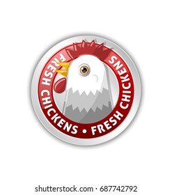 Silver badge with chicken head and lettering FRESH CHICKENS isolated on white background