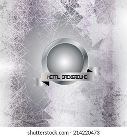 Silver badge on the metal background. Vector illustration.