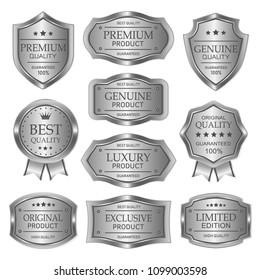 Silver badges seal quality product on white background