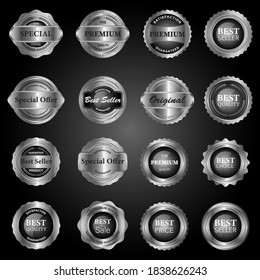 Silver badges seal quality product on white background