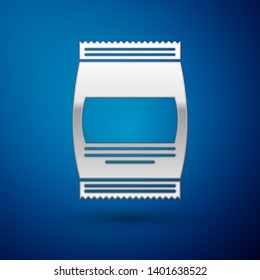 Silver Bag of food icon isolated on blue background. Food for animals. Pet food package. Vector Illustration