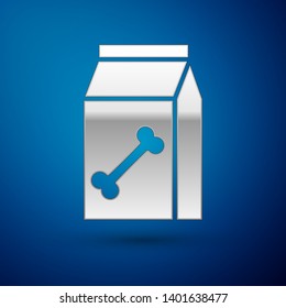 Silver Bag of food for pet icon isolated on blue background. Food for animals. Dog bone sign. Pet food package. Vector Illustration