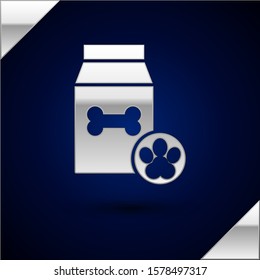 Silver Bag of food for pet icon isolated on dark blue background. Food for animals. Dog bone sign. Pet food package.  Vector Illustration