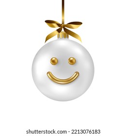 Silver ball isolated on white background with cute smile face. Vector illustration. Merry Christmas Happy New Year 2023 sphere decoration hanging, gold ribbon bow. Holiday Xmas toy fir tree bauble