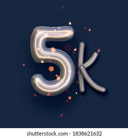 Silver balloon 5k sign on dark blue background. 5 thousand followers, likes, subscribers. Vector illustration.