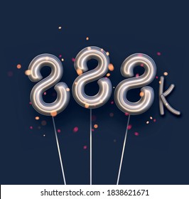 Silver balloon 888k sign on dark blue background. One thousand followers, likes, subscribers. Vector illustration.