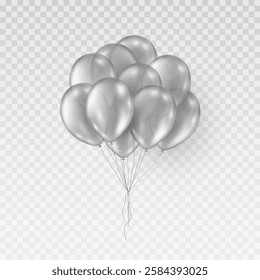 Silver balloon bunch isolated on transparent background. Vector realistic golden gray festive 3d helium ballons template for anniversary, birthday party design