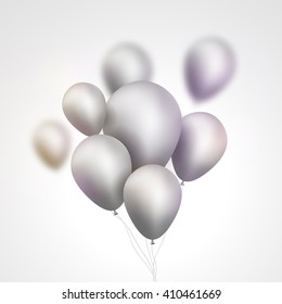 Silver Balloons bunch. Set of festive silver gray balloons. Holiday birthday event template.