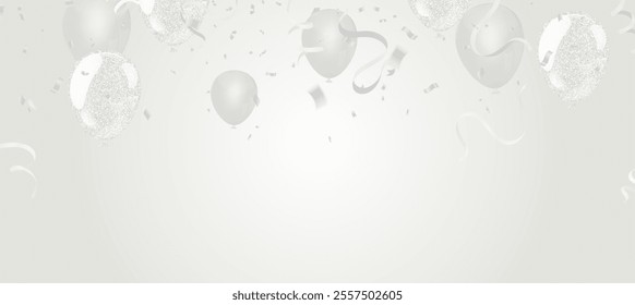 Silver balloons and confetti on a white background. Vector illustration.