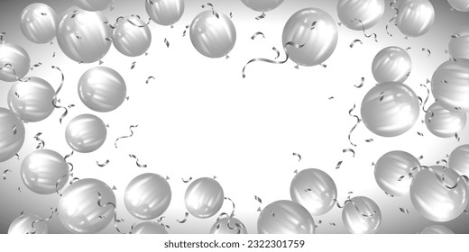 silver balloons, confetti and ribbons illustration. celebration background template typography for greeting card and festive poster