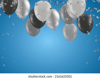 silver balloons, confetti and streamers on background. Vector illustration. Holiday, birthday