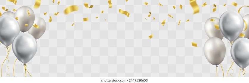 silver balloons, confetti and streamers on white background. Vector illustration Celebration template