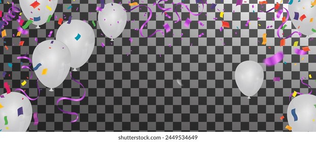 silver balloons, confetti and streamers on white background. Vector illustration Celebration template