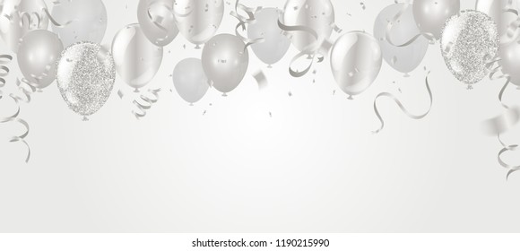 ilustración de globos plateados confetti y bandera de cintas Tipografía de fondo de celebración para tarjeta de saludo, afiche festivo, etc.