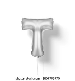 Silver balloons letters from foil. 3d vector realistic.T