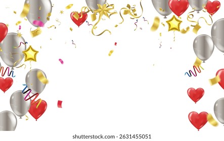 Globos de plata y corazones rojos sobre un fondo blanco con pan de oro cayendo para felicitaciones y fiestas.