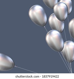 Silver balloons with threads on blue background. Space for text. Vector festive illustration.