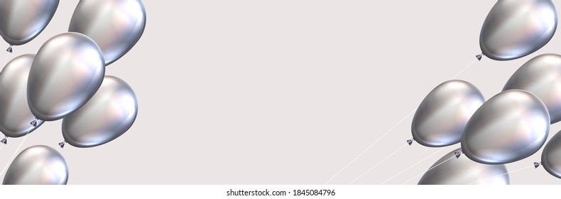 Silver balloons with threads on light grey background. Space for text. Vector festive illustration.