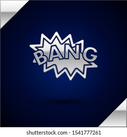 Silver Bang boom, gun Comic text speech bubble balloon icon isolated on dark blue background.  Vector Illustration