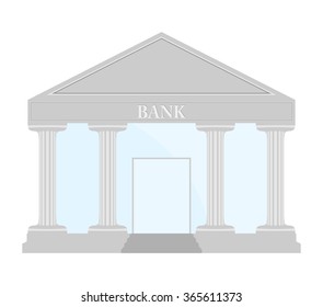 Silver Bank building with stairs, blue glass, doors and roof gray lettering bank under the roof with columns on a white background