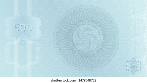 Silver Banknote 500 template with guilloche pattern watermarks and border. Light blue platinum background banknote, gift voucher, coupon, money design, currency, check, cheque. Vector Certificate.