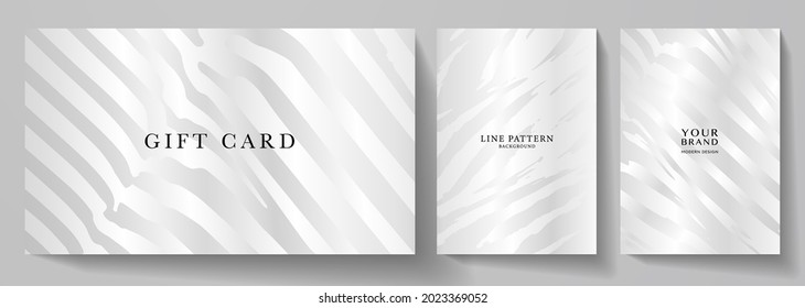 Silver banner, cover design set. Diagonal line pattern (curve print) on dark background. Premium horizontal and vertical stripe vector template for gift card, invitation, brochure, restaurant menu