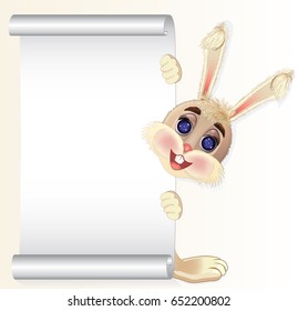 Silver banner with fluffy bunny on white background. Vector banner.