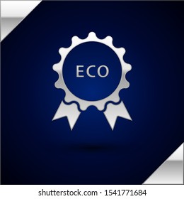 Silver Banner, label, tag, logo for eco green healthy food icon isolated on dark blue background. Organic product. Healthy food sticker.  Vector Illustration