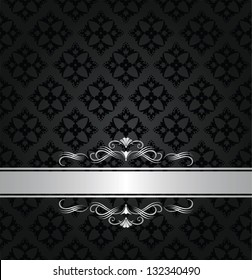 Silver banner on black floral seamless pattern