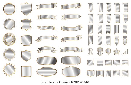 Silver banner ribbon label vector set background with isolated fancy badge vintage sticker and decorative border icon for frame, coin. Festive colorful tag design award of gift illustration collection
