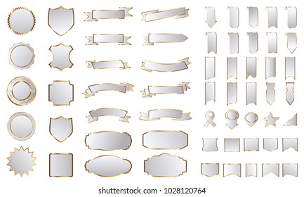 Silver banner ribbon label vector set background with isolated fancy badge vintage sticker and decorative border icon for frame, coin. Festive colorful tag design award of gift illustration collection
