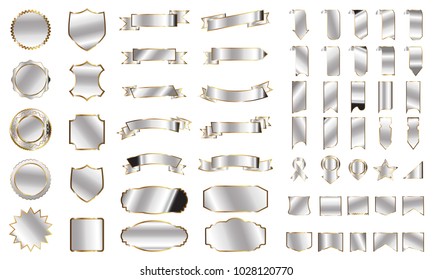 Silver banner ribbon label vector set background with isolated fancy badge vintage sticker and decorative border icon for frame, coin. Festive colorful tag design award of gift illustration collection