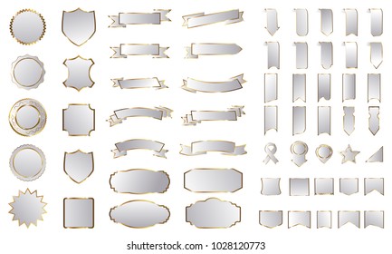 Silver banner ribbon label vector set background with isolated fancy badge vintage sticker and decorative border icon for frame, coin. Festive colorful tag design award of gift illustration collection