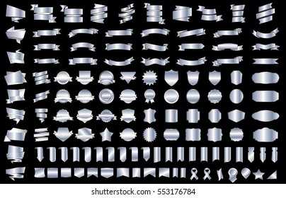 Silver banner ribbon label vector christmas background set with isolated fancy badge vintage sticker and decorative border icon. Festive colorful tag design award of gift illustration collection