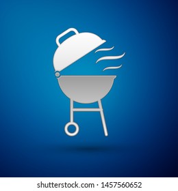 Silver Barbecue grill icon isolated on blue background. BBQ grill party. Vector Illustration