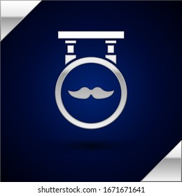 Silver Barbershop icon isolated on dark blue background. Hairdresser logo or signboard.  Vector Illustration