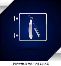 Silver Barbershop with razor icon isolated on dark blue background. Hairdresser logo or signboard.  Vector Illustration