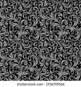 Silver baroque embroidery floral seamless pattern. Stitch texture fashion print  