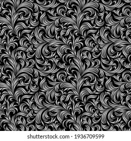 Silver baroque embroidery floral seamless pattern. Stitch texture fashion print  