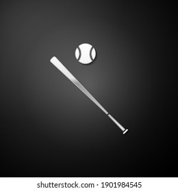 Silver Baseball ball and bat icon isolated on black background. Long shadow style. Vector.