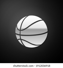 Silver Basketball ball icon isolated on black background. Sport symbol. Long shadow style. Vector.