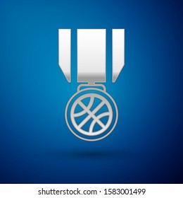 Silver Basketball medal with ribbon icon isolated on blue background.  Vector Illustration