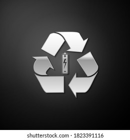 Silver Battery with recycle symbol icon isolated on black background. Battery with recycling symbol - renewable energy concept. Long shadow style. Vector.