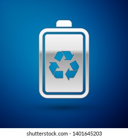 Silver Battery with recycle symbol line icon isolated on blue background. Battery with recycling symbol - renewable energy concept. Vector Illustration
