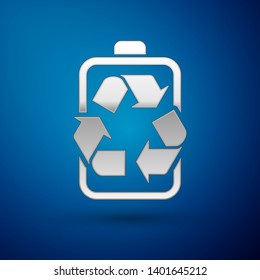 Silver Battery with recycle symbol line icon isolated on blue background. Battery with recycling symbol - renewable energy concept. Vector Illustration