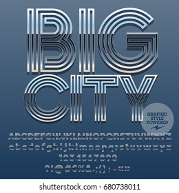 Silver beautiful glossy set of letters, symbols and numbers. Font contains Graphic Style. Vector icon with text Big City