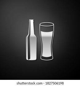 Silver Beer bottle and glass icon isolated on black background. Alcohol Drink symbol. Long shadow style. Vector.