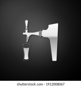 Silver Beer tap with glass icon isolated on black background. Long shadow style. Vector.
