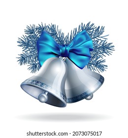 Silver bells with blue ribbon and fir branches. Vector illustration for christmas, new year, decoration, winter holiday