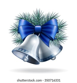 Silver bells with blue ribbon and fir branches. Vector illustration